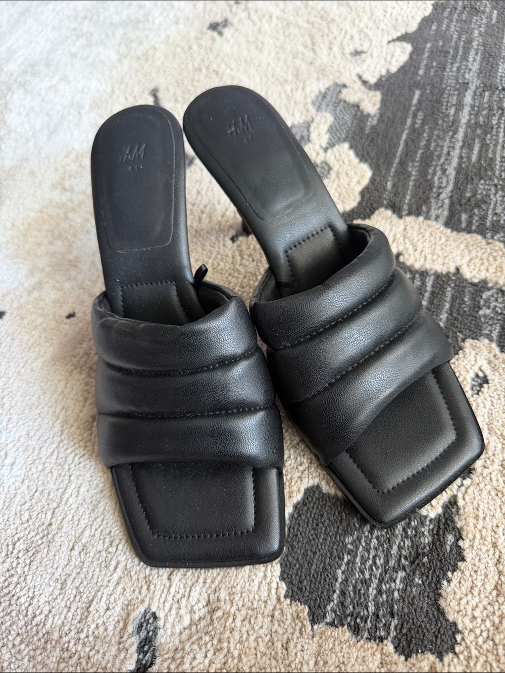 H&M Black Quilted Square-Toe Slide Mules